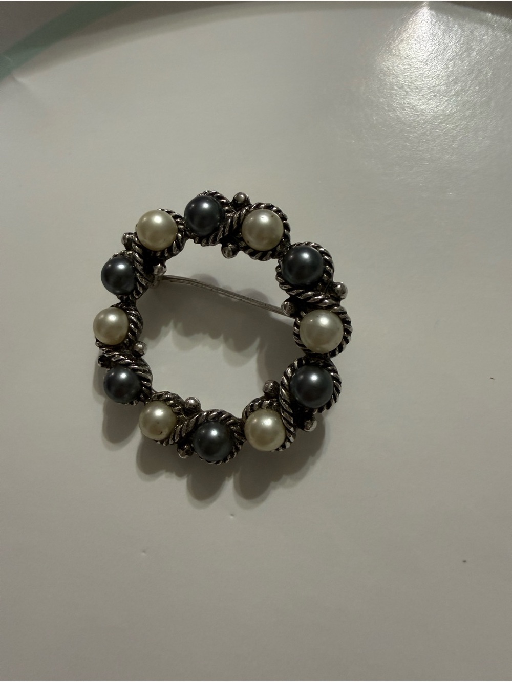 Faux Pearl Avon Circle Brooch - Two-Tone Pearl Accent